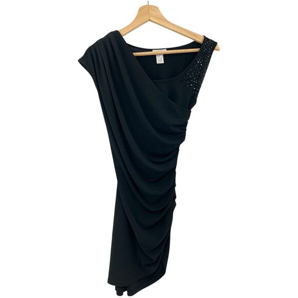 American VINTAGE Cache XS Black Asymmetrical Sheath Mini Dress Rhinestone Ruche - Picture 4 of 12